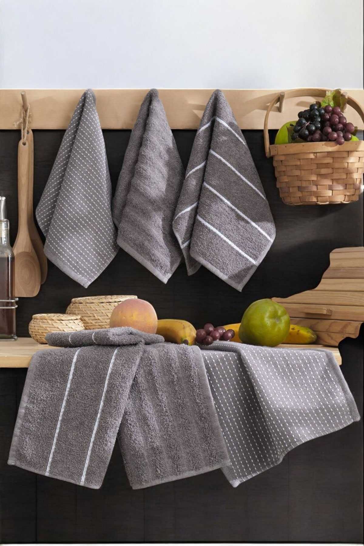 6 lı Luna Naturel Mutfak Havlu Seti %100 Pamuklu 30X50 Cm Antrasit resmi