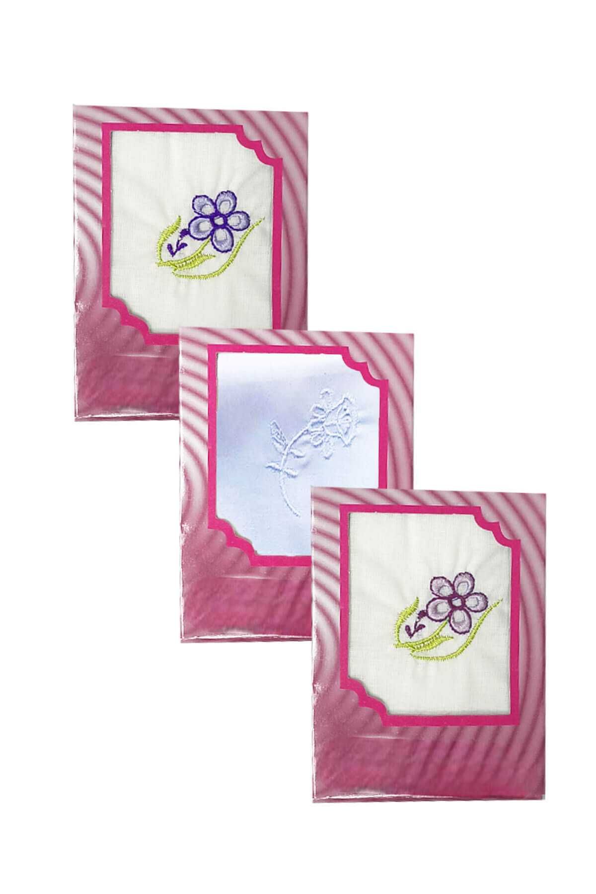 3’lü Özel Paket Premium Kadın İşlemeli Mendil Seti %100 Pamuk 28x28 Cm resmi