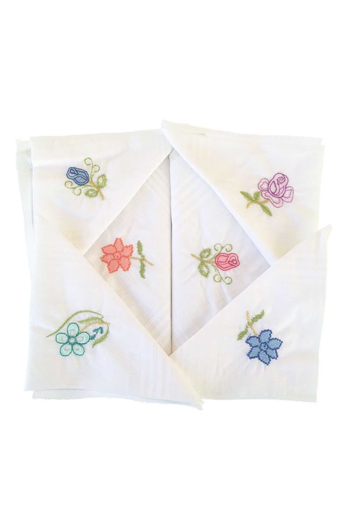Hediyelik İşlemeli Bayan Mendili 6 lı Paket 28x28 cm 100 Pamuk resmi