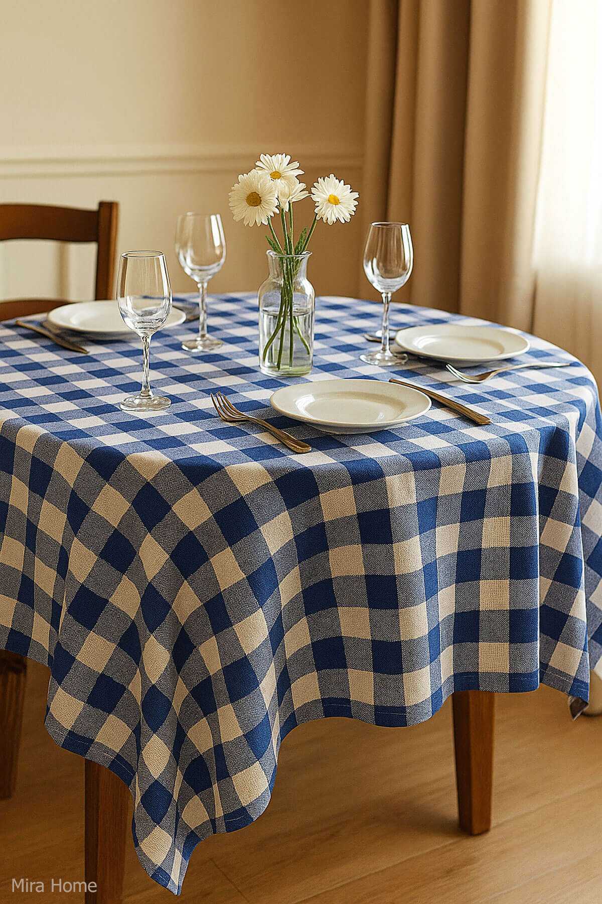 Fiber Kareli Masa Örtüsü Sofra Bezi Ekose Desen 160x160 Cm Mavi resmi