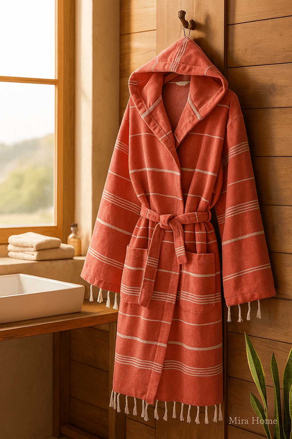 Kapşonlu Çizgili Unisex Banyo Plaj Peştemal Bornozu %100 Pamuklu Linetouch Kiremit resmi