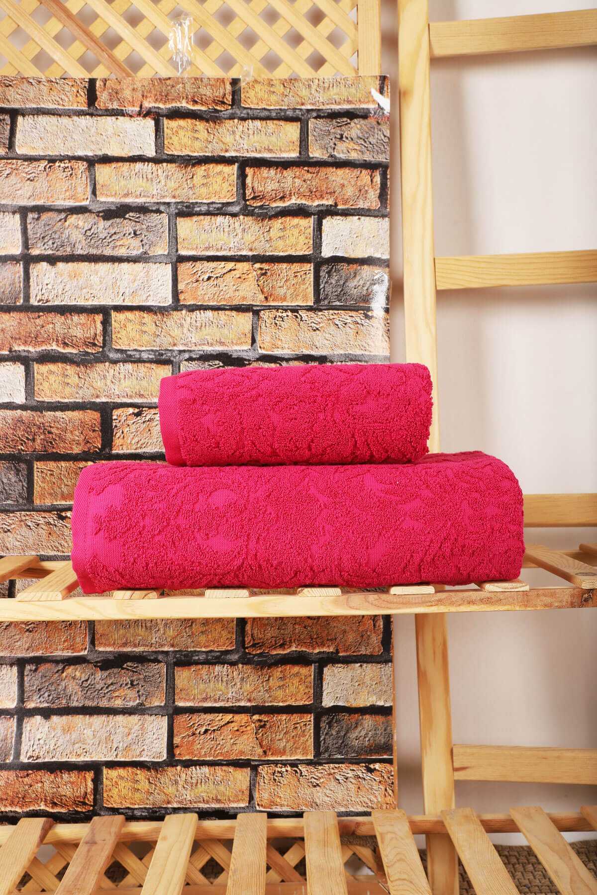 Mira Home 2 Parça Jakarlı Banyo Havlu Takımı Doku Desen Fuşya resmi