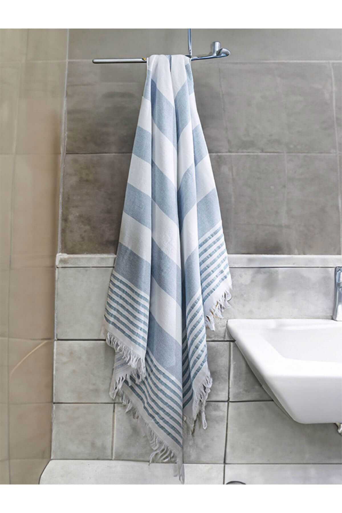 Pure Linen 90x170 cm Doğal Pamuk Peştamal Havlu Mavi resmi