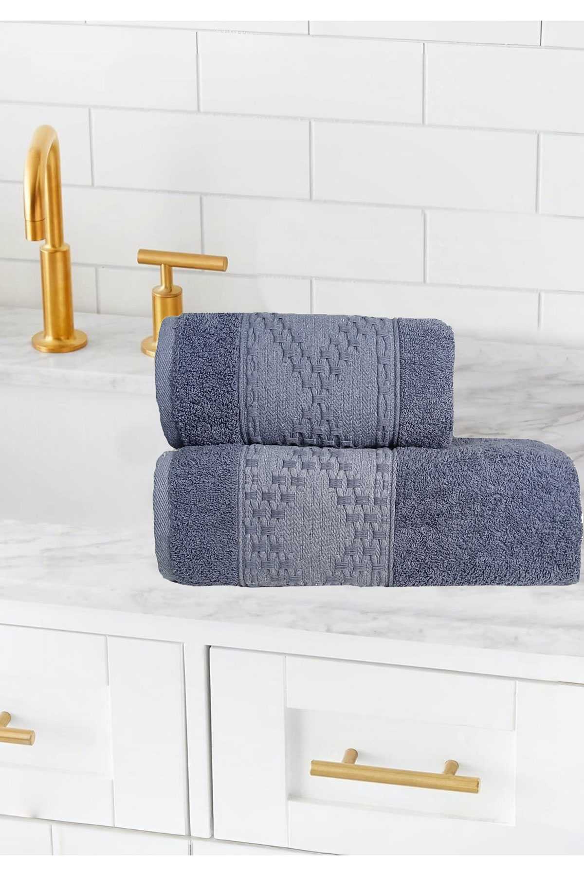 2 Parça Banyo Havlu Takımı %100 Pamuklu Lina Desen Antrasit resmi