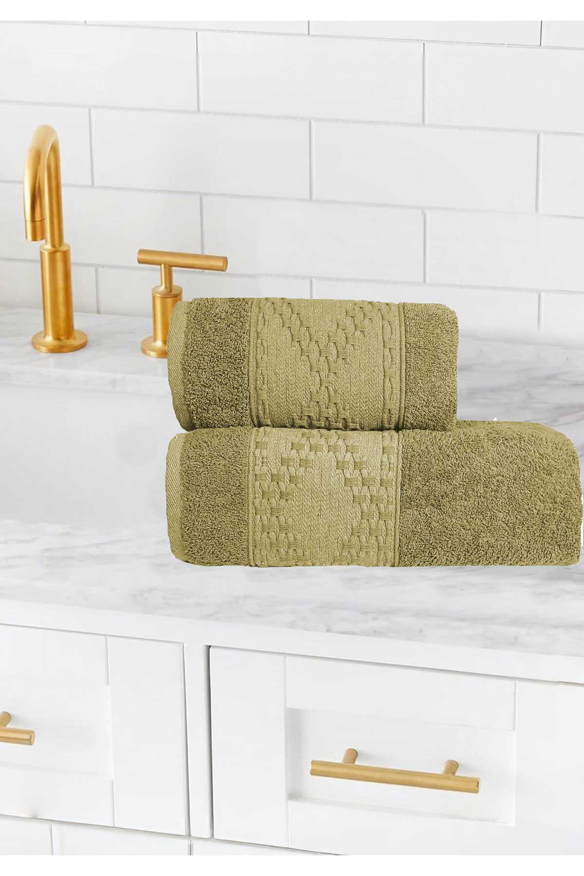 2 Parça Banyo Havlu Takımı %100 Pamuklu Lina Desen Yeşil resmi