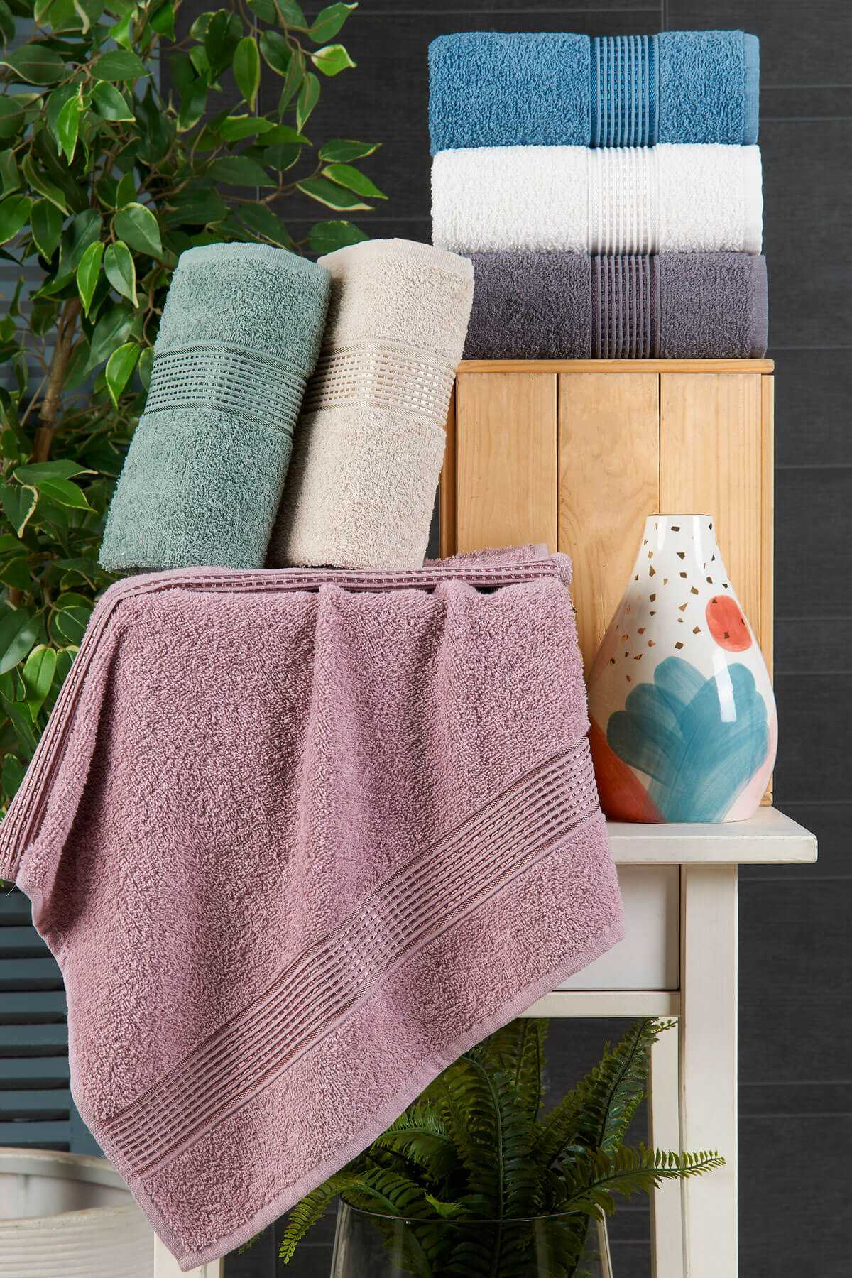 6 lı El Yüz Havlu Seti Pamuklu Havlu Takımı Renkli Mürdüm resmi