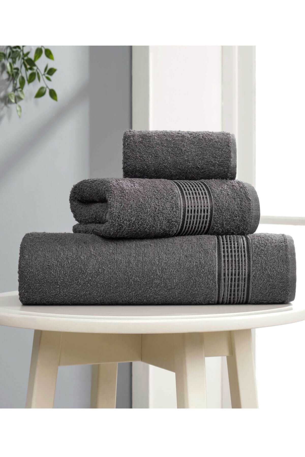 3 lü Banyo Havlusu Seti Pamuklu Ritim Antrasit resmi