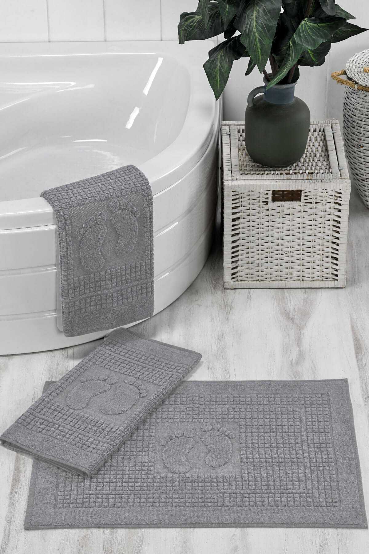 3 Lü Banyo Ayak Havlusu %100 Pamuklu 50x70 Cm Açık Gri resmi