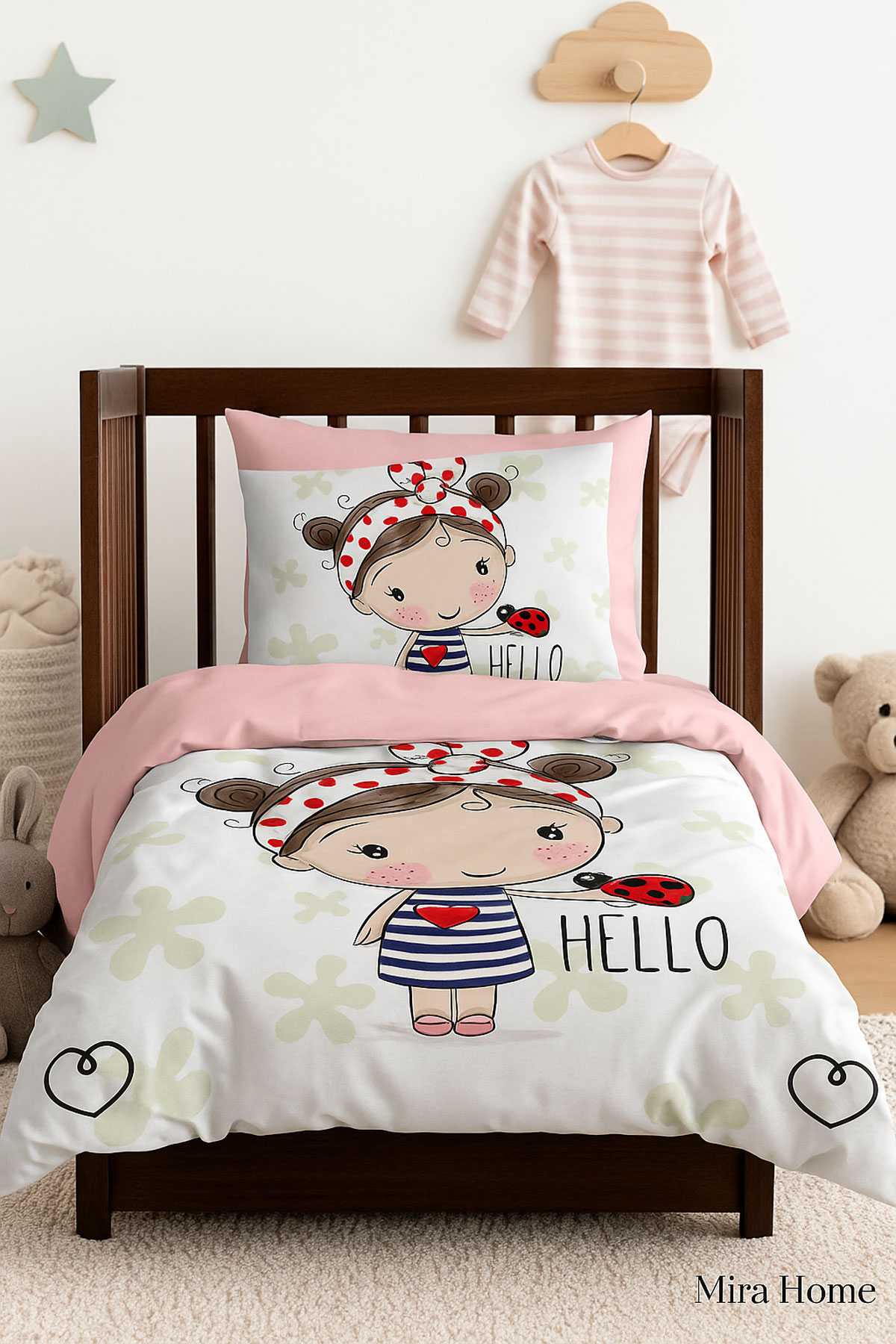 Dijital Baskılı 3d Pamuklu Yenidoğan Bebek Nevresim Takımı Hello Girl resmi