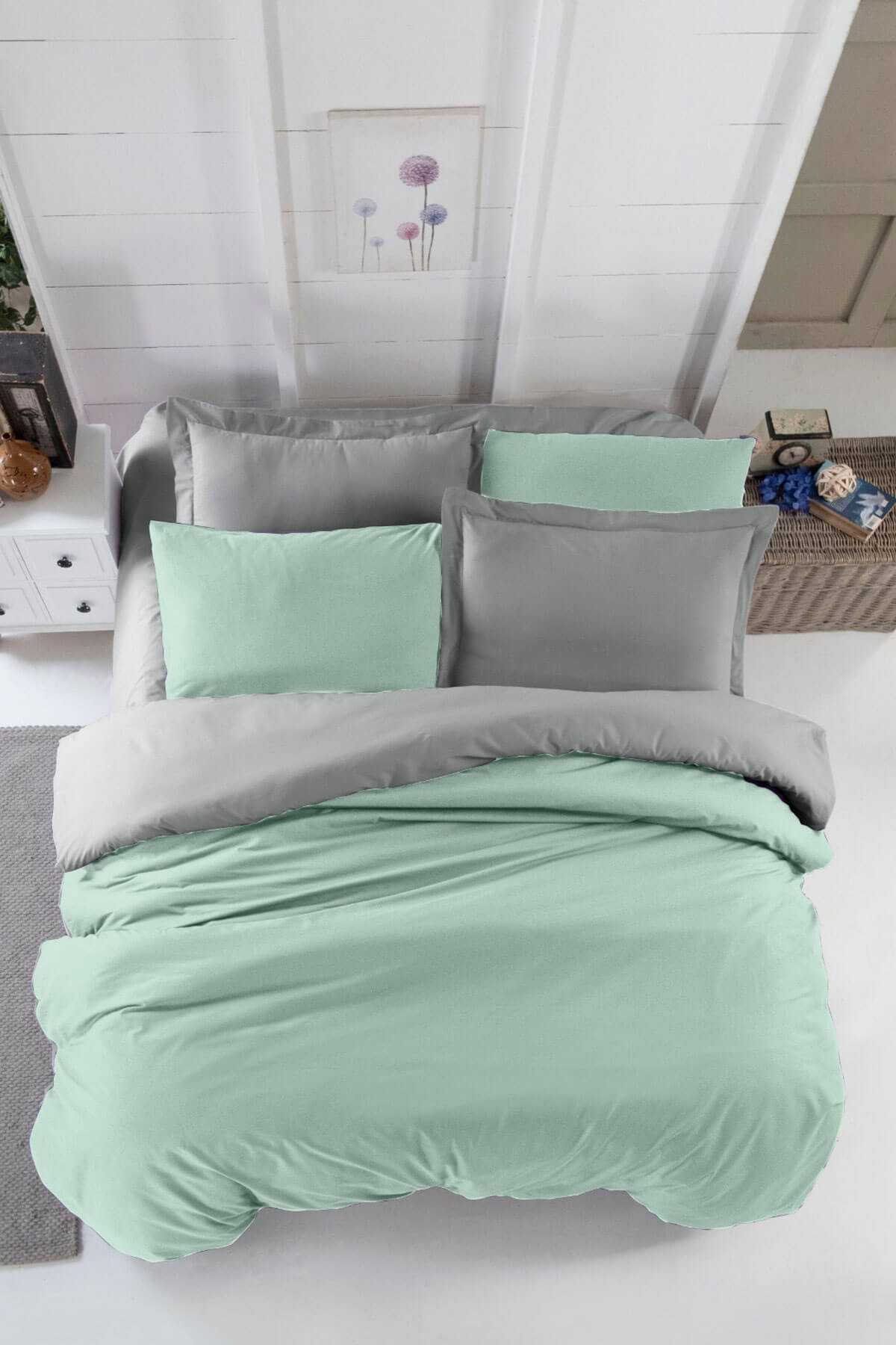 Çift Kişilik Lastikli Çarşaflı Nevresim Takımı Pamuklu Four Season Mint Gri resmi