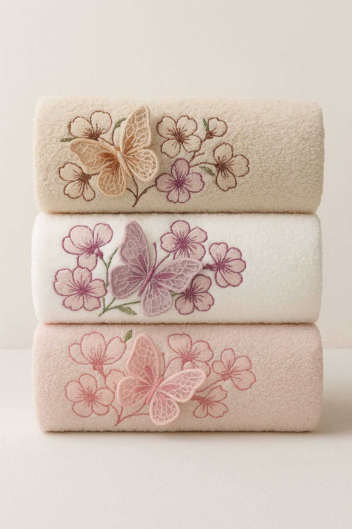 3lü Lüks %100 Pamuklu Mutfak Havlusu Seti 3D Kelebek Aplikeli 30x50 Cm resmi