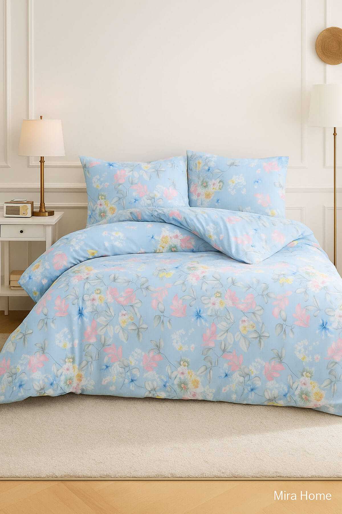 Çift Kişilik Pamuklu Nevresim Takımı Mavi Çiçek Desenli resmi