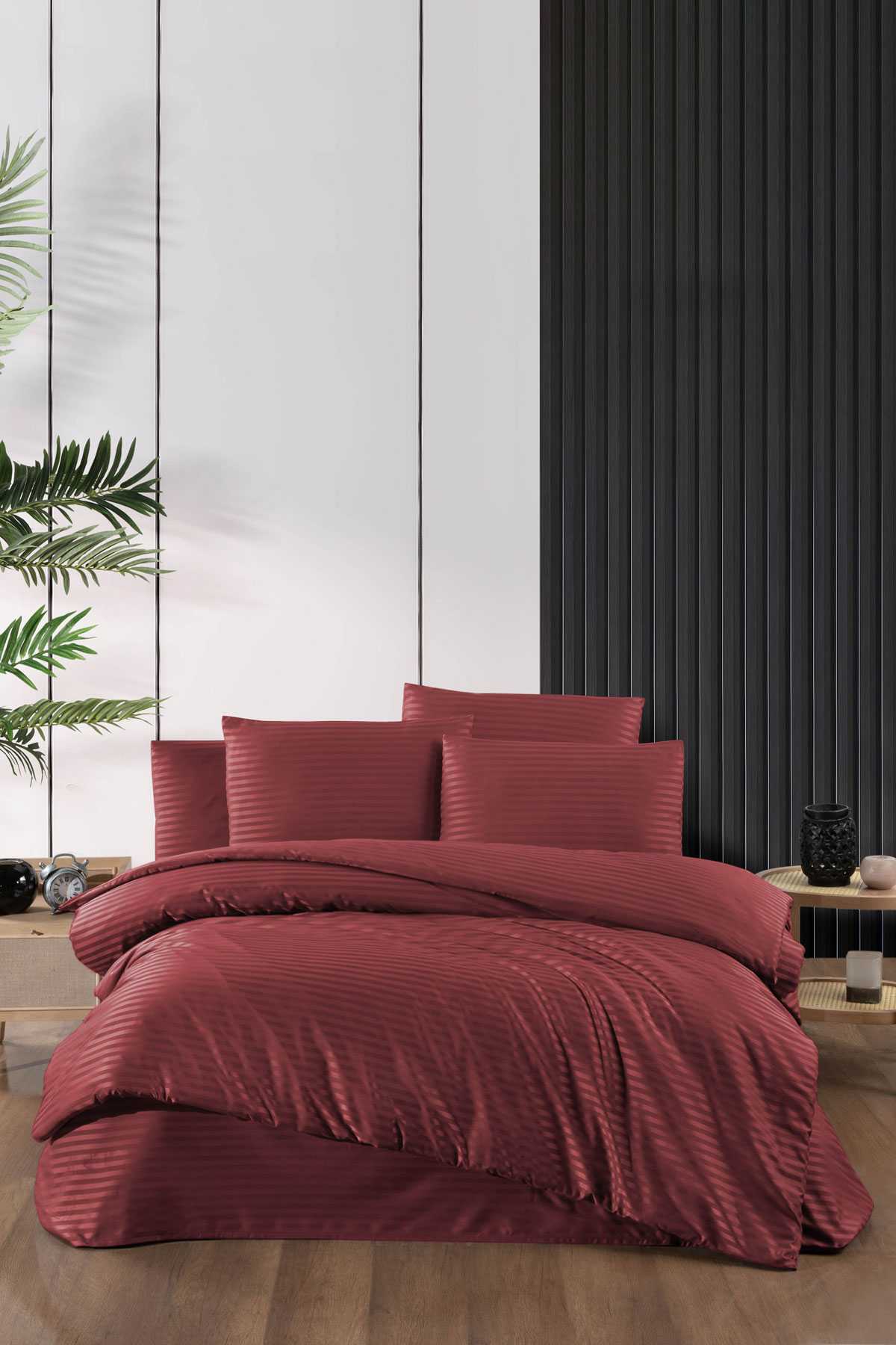 Stripe Saten Line Çift Kişilik Nevresim Takımı Bordo resmi