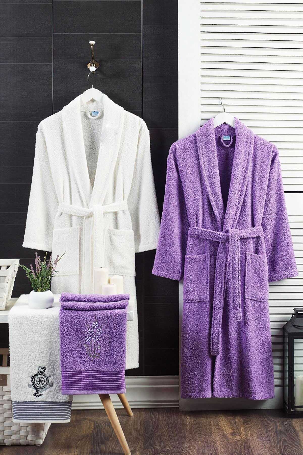 4 Parça Aile Bornoz Seti Kadın Erkek Havlulu Bornoz Takımı 100 Beyaz Lavanta resmi