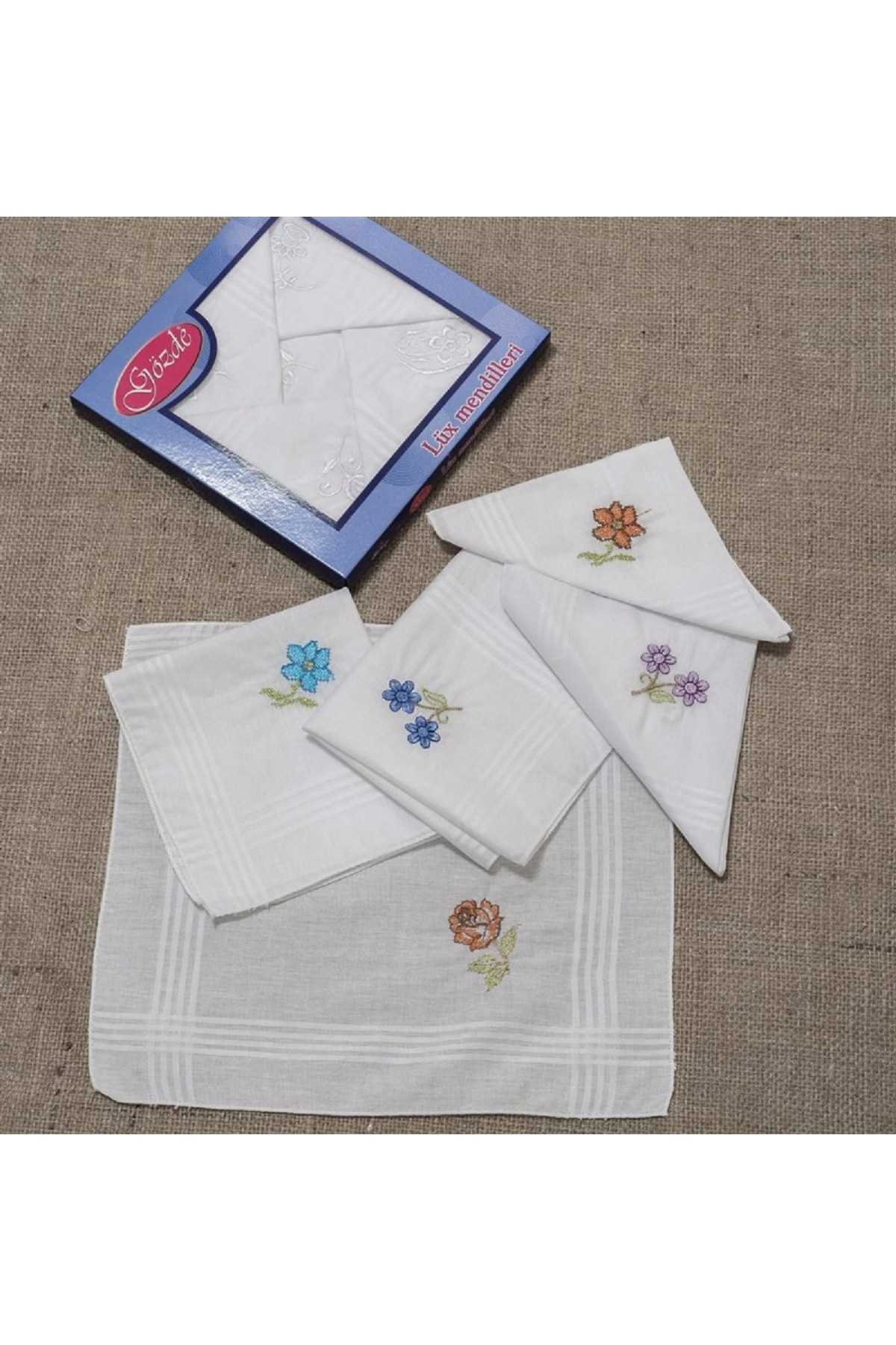 İşlemeli Bayan Mendili 12 Adet 28x28 cm 100 Pamuk resmi