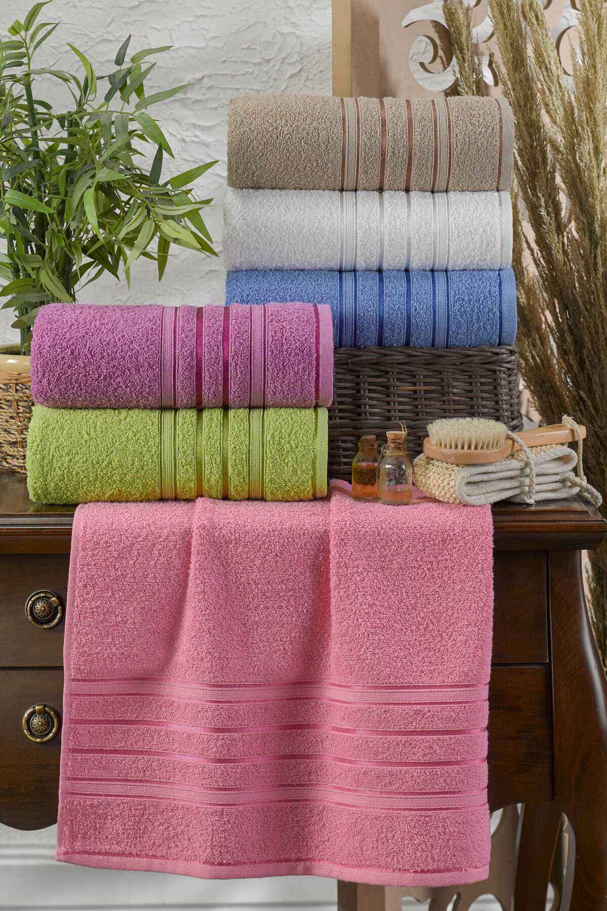 6 lı El Yüz Havlu Seti Pamuklu Havlu Takımı Renkli Pembe resmi