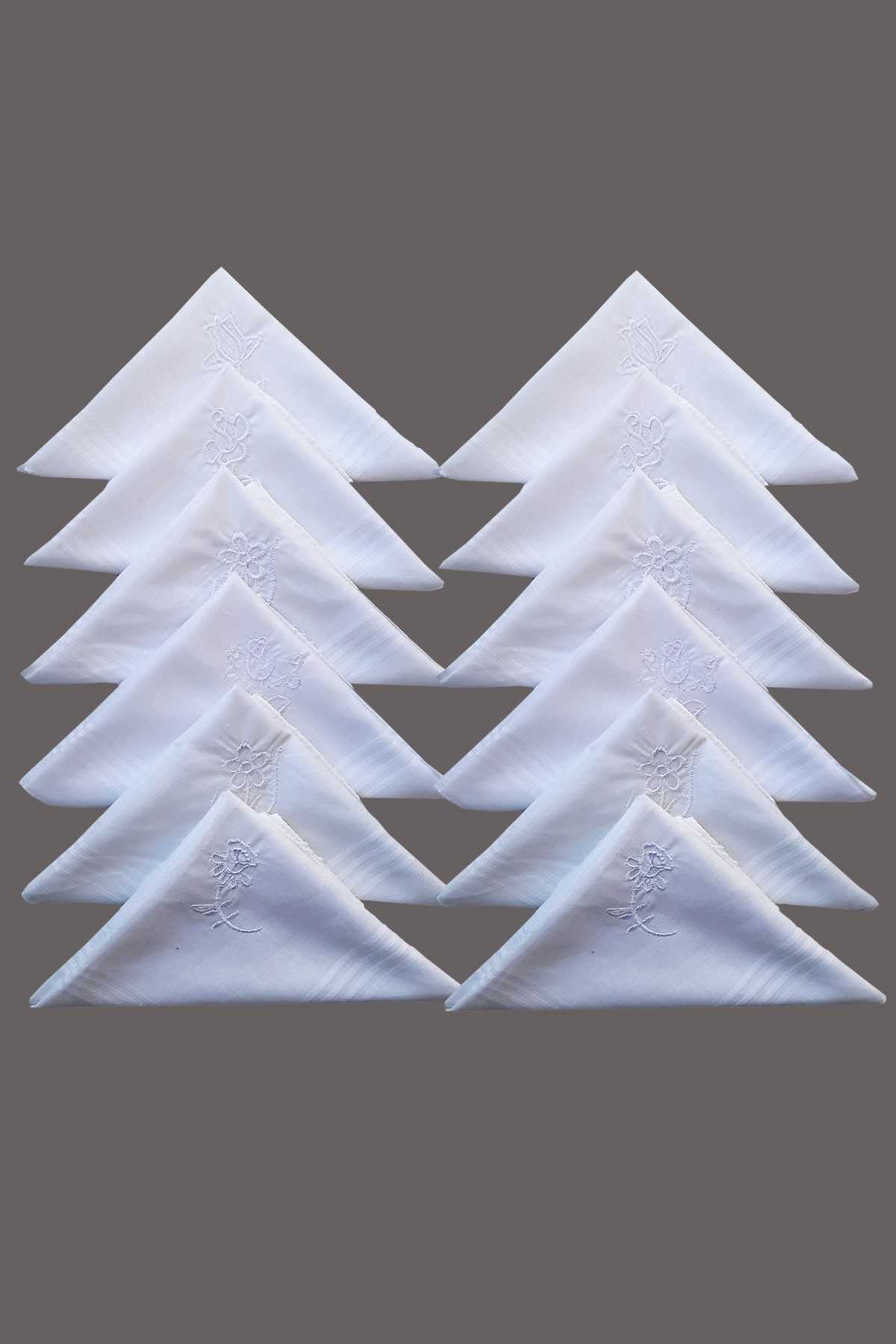 Çiçek İşlemeli Bayan Mendili 12 Adet 28x28 cm 100 Pamuk resmi