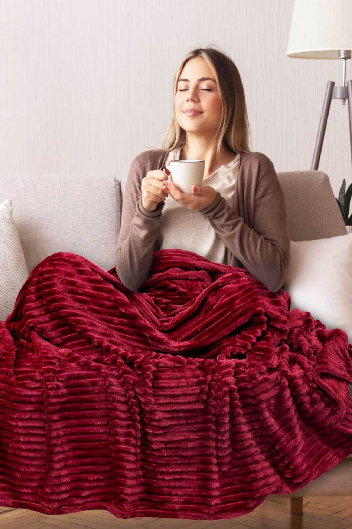 Tek Kişilik Çizgili Tv Battaniyesi 130x180 Cm Bordo resmi