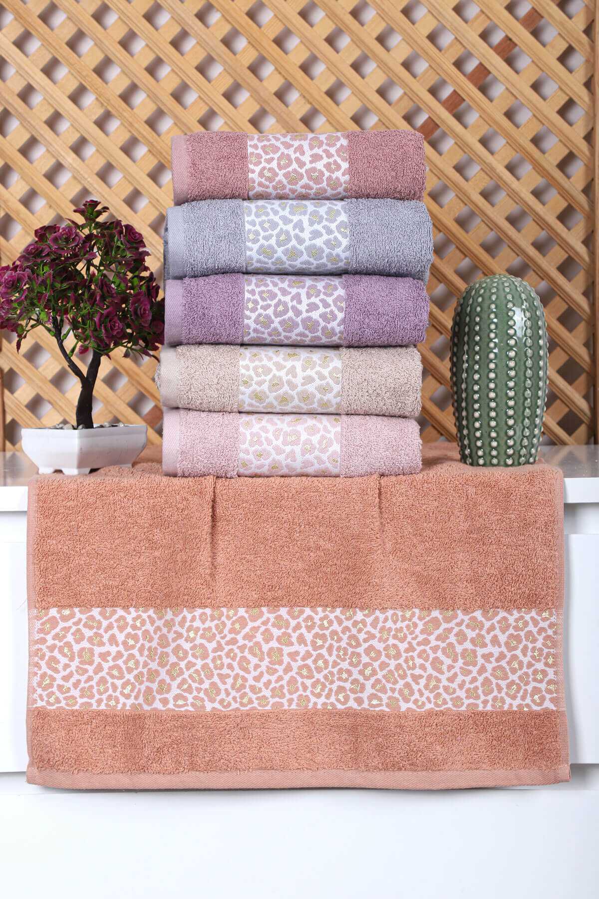 6 lı El Yüz Pamuklu Jakarlı Havlu Seti Çeyizlik 50 x 90 Cm Leo resmi