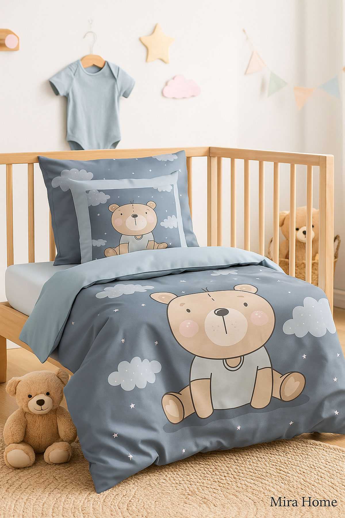 Dijital Baskılı 3d Pamuklu Yenidoğan Bebek Nevresim Takımı Blue Bear resmi