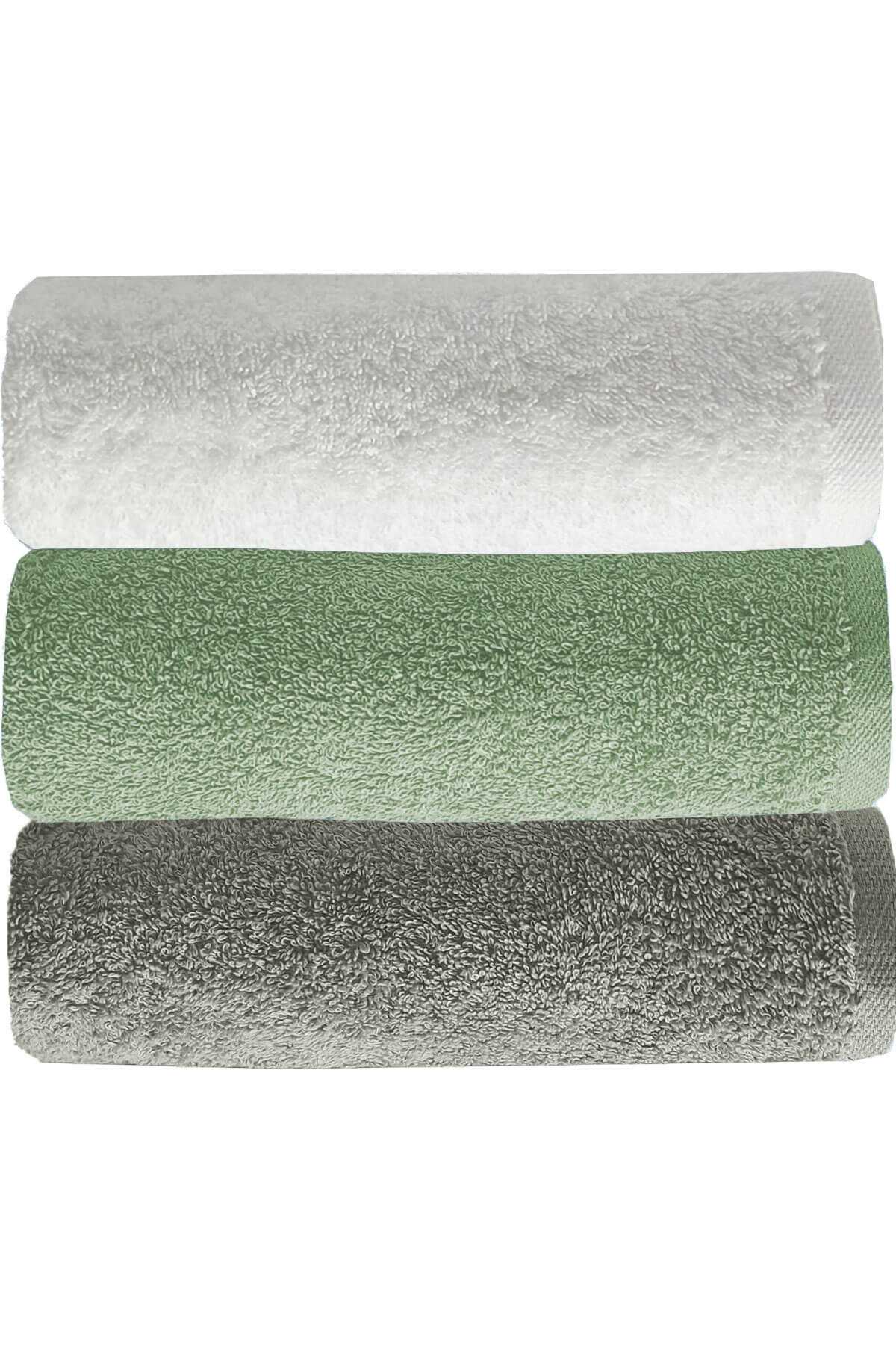 3 lü Düz Renk El Yüz Havlu Seti %100 Pamuklu 50x90 Cm Gri-Yeşil-Beyaz resmi