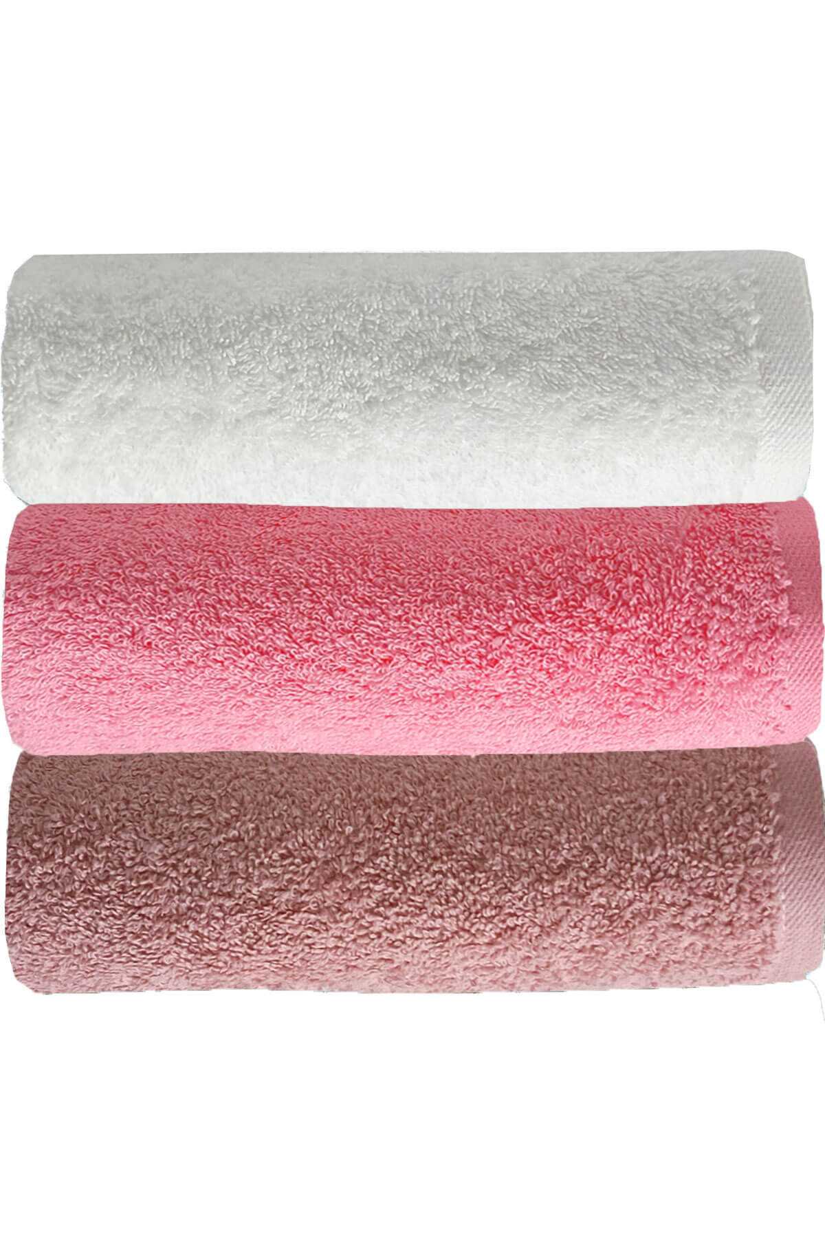 3 lü Düz Renk El Yüz Havlu Seti %100 Pamuklu 50x90 Cm Gül-Pembe-Beyaz resmi