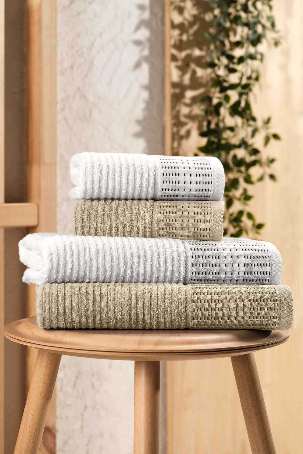 4 Parça Büyük Boy Banyo Havlu Takımı %100 Pamuklu Marena Bej Krem resmi