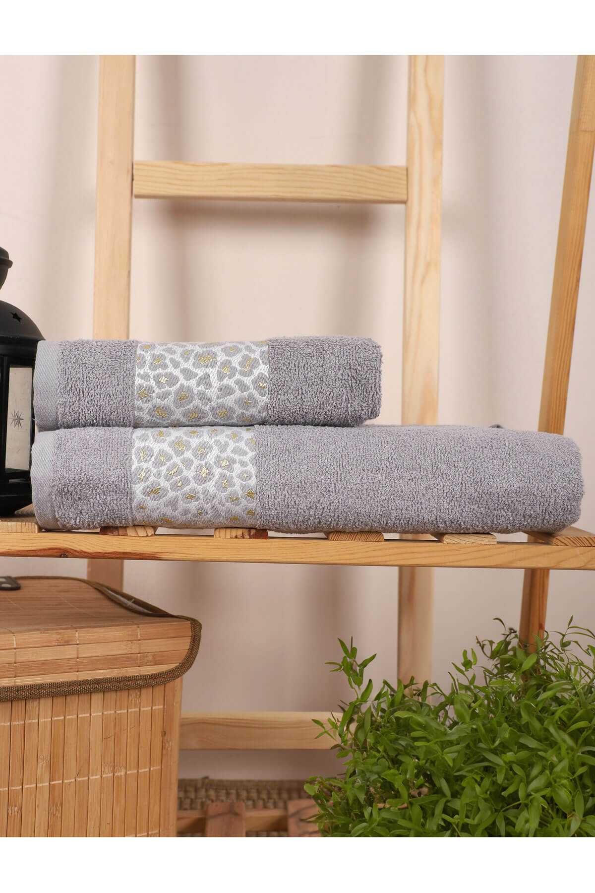 2 Parça %100 Pamuklu Banyo Havlu Seti Leopar Desen Gri resmi