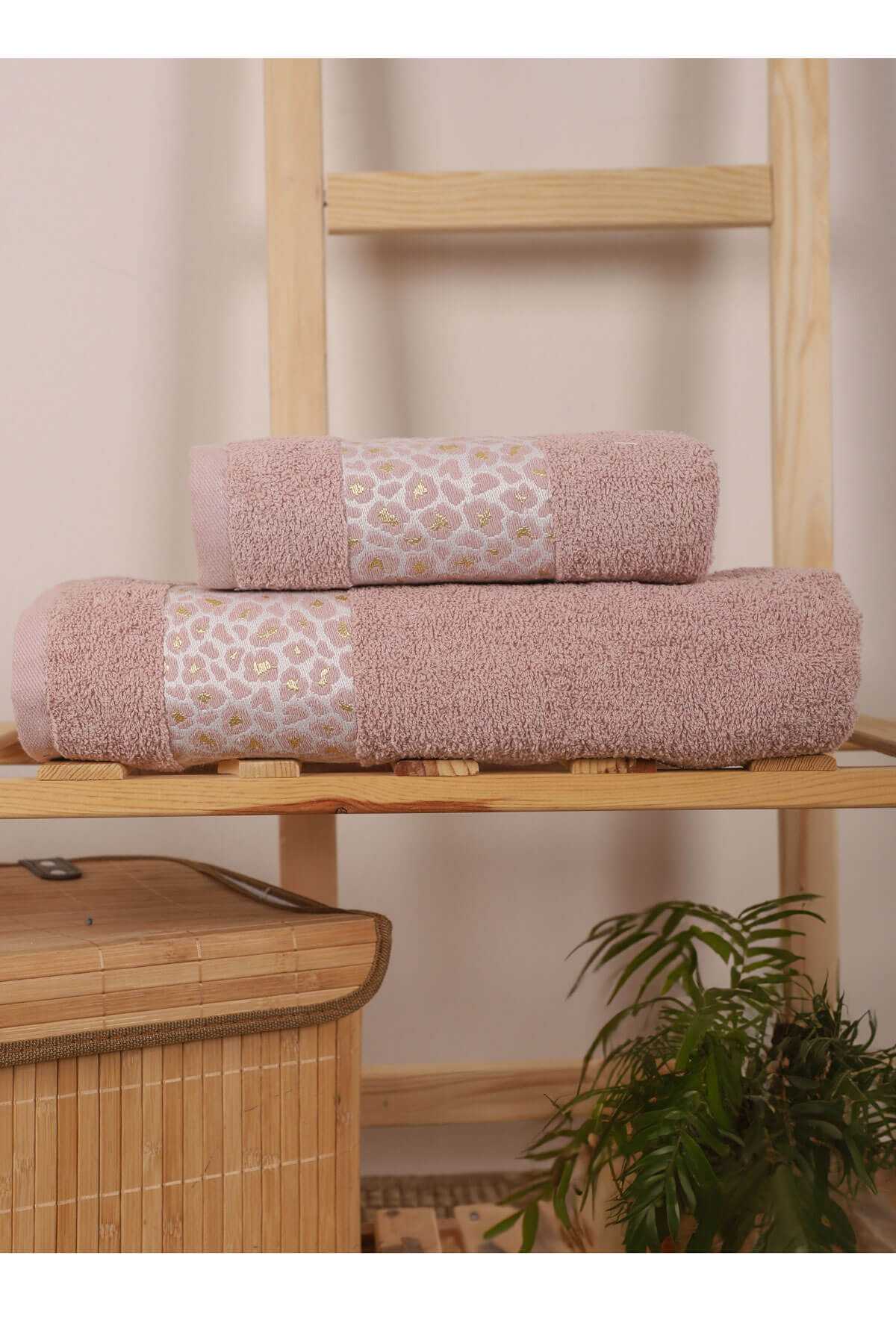 2 Parça %100 Pamuklu Banyo Havlu Seti Leopar Desen Pudra resmi