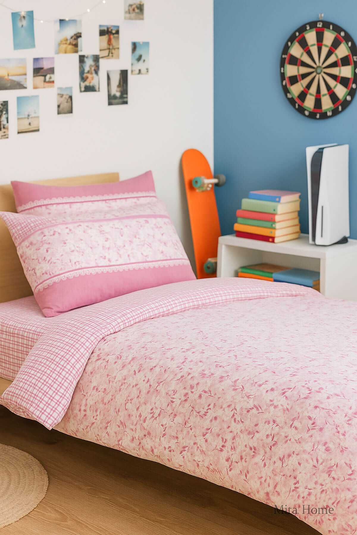 Pembe Çiçek Desenli Pamuklu Tek Kişilik Nevresim Takımı resmi