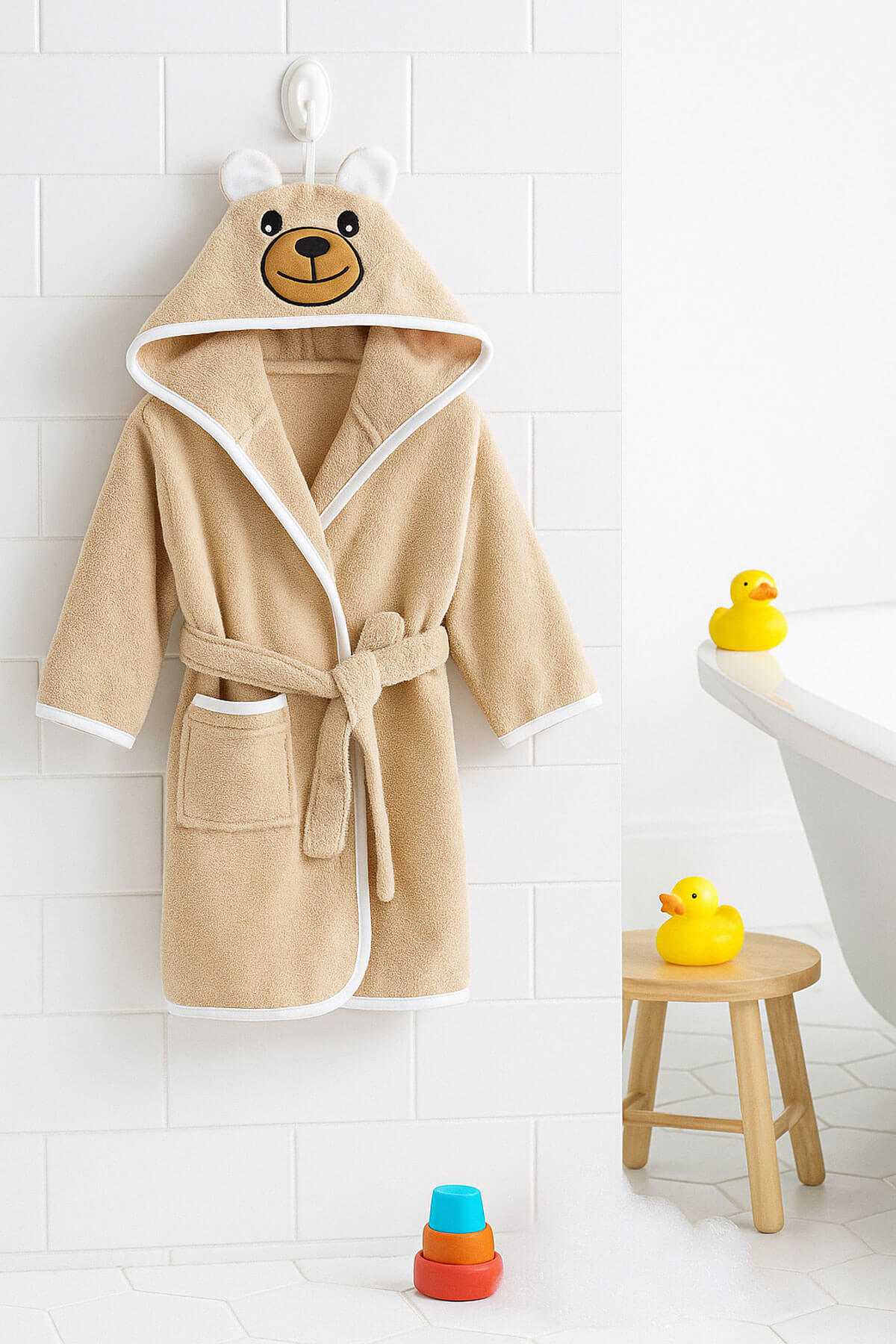 Kapşonlu Unisex %100 Pamuklu Çocuk Banyo Bornozu Bear resmi