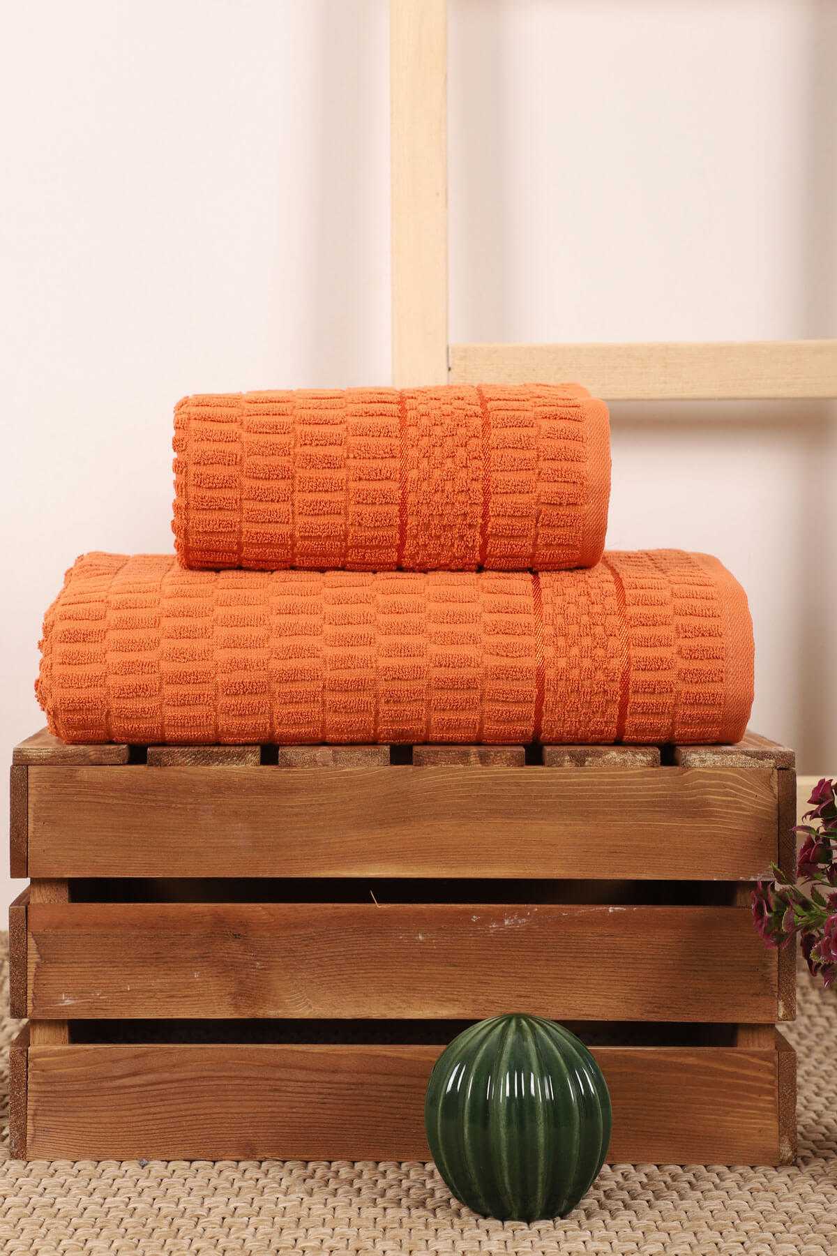 2 Parça Banyo Havlu Takımı %100 Pamuklu Çubuk Desen Turuncu resmi