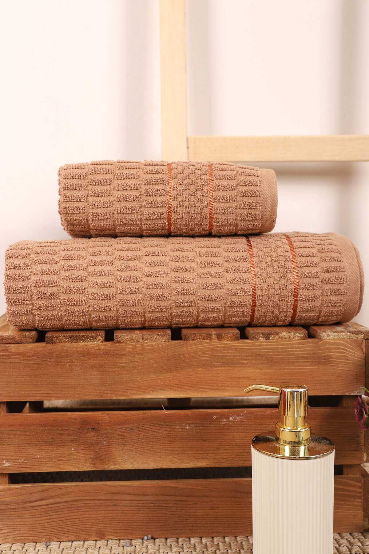 2 Parça Banyo Havlu Takımı %100 Pamuklu Çubuk Desen Kahverengi resmi