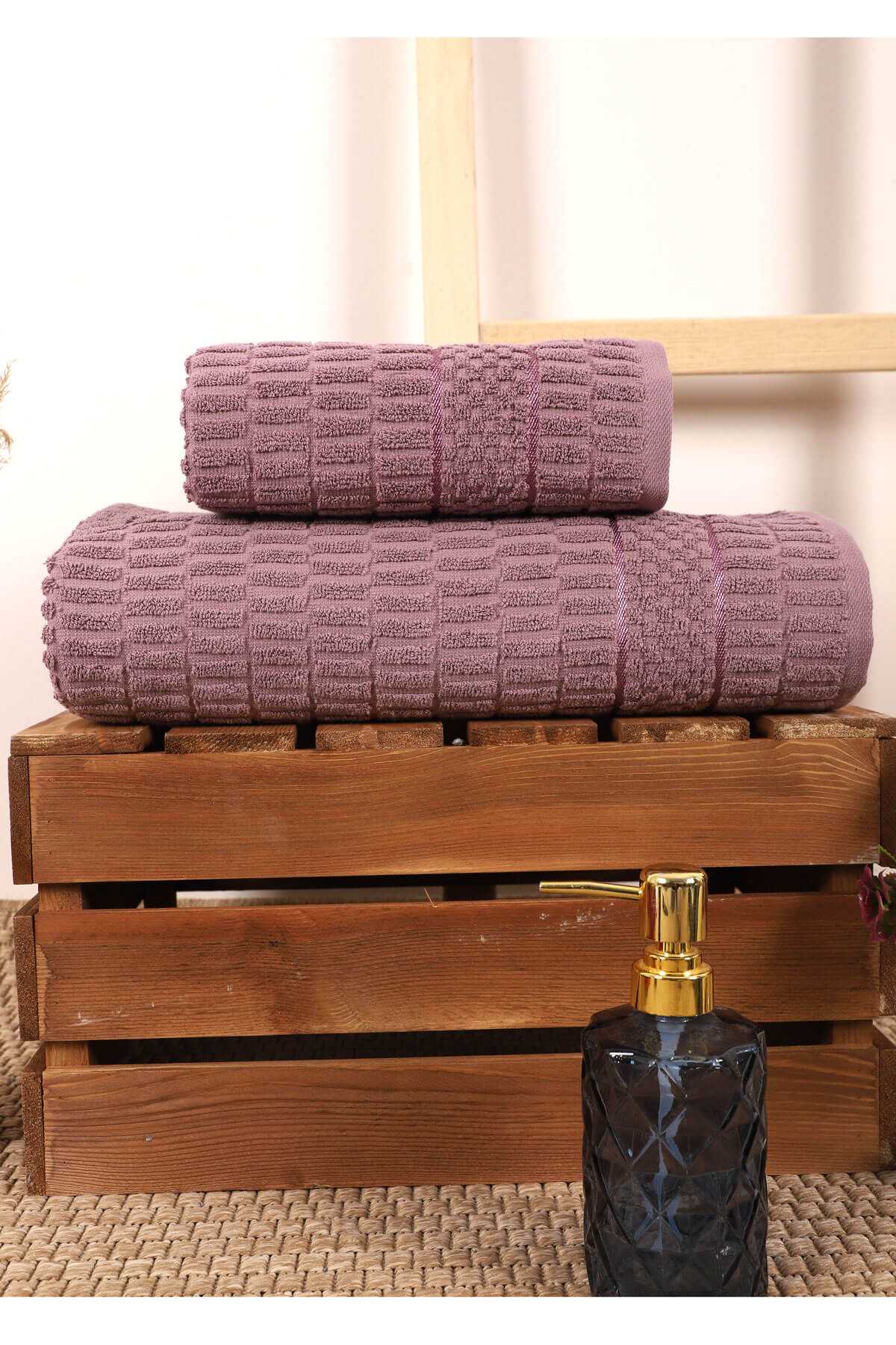 2 Parça Banyo Havlu Takımı %100 Pamuklu Çubuk Desen Mor resmi
