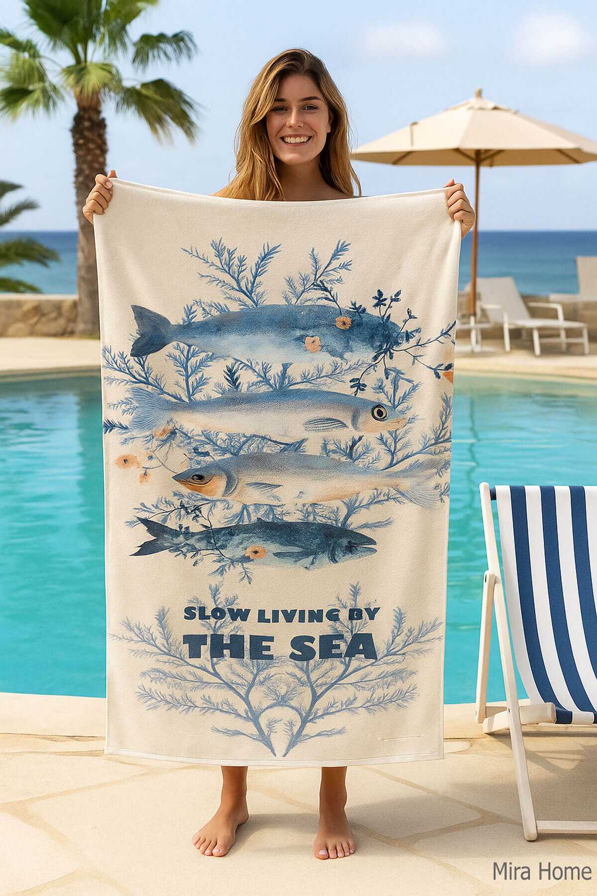 Unisex Desenli Baskılı Deniz Plaj Havlusu Balık 70X140 Cm resmi