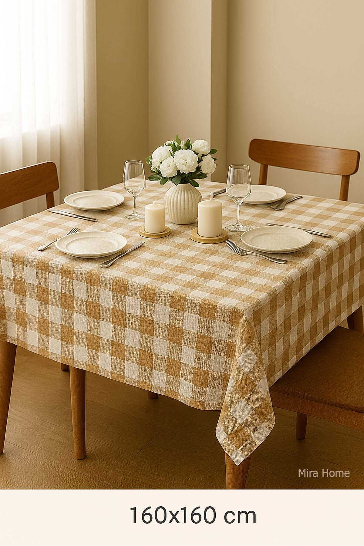 Fiber Kareli Masa Örtüsü Sofra Bezi Ekose Desen 160x160 Cm Bej resmi