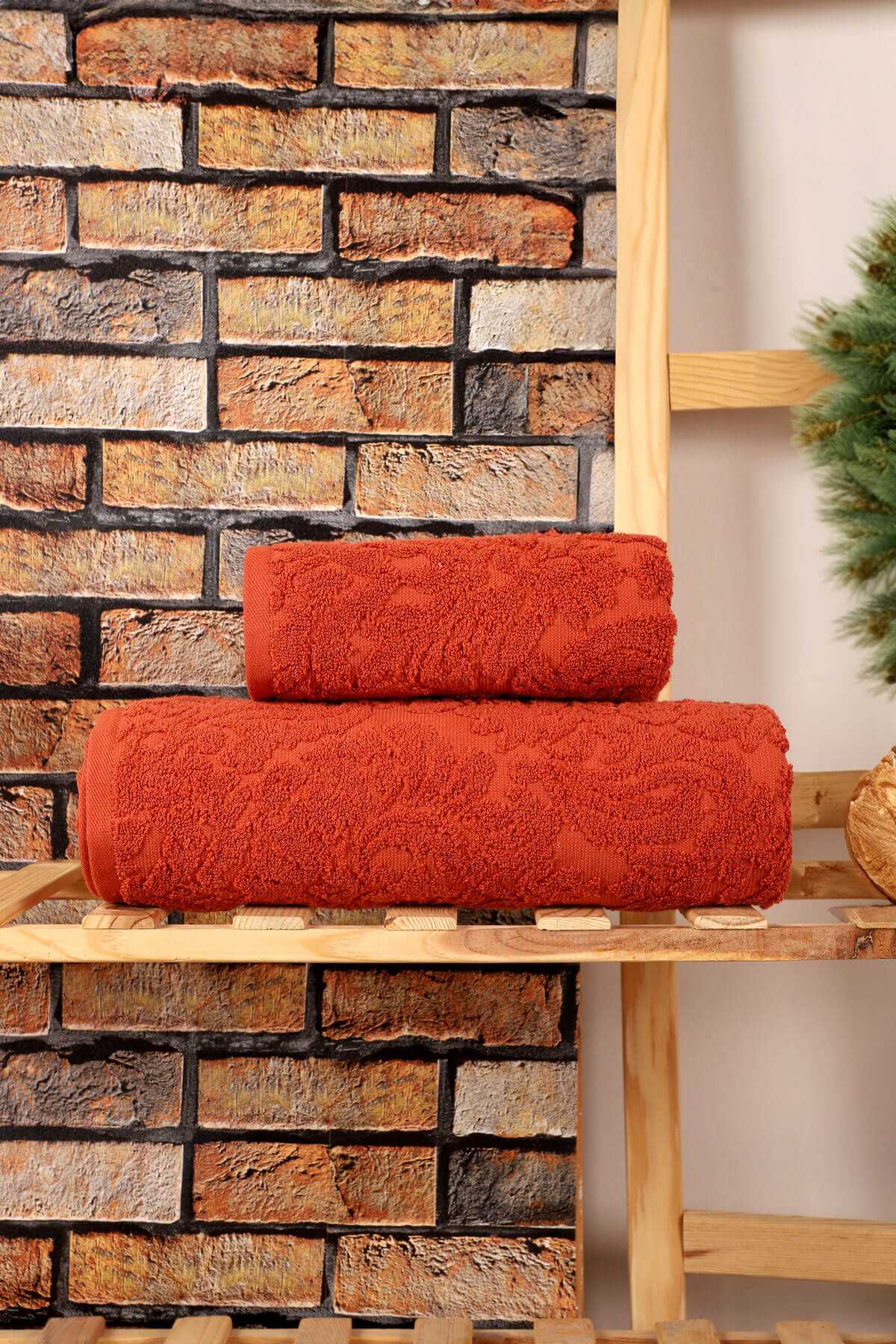 Mira Home 2 Parça Jakarlı Banyo Havlu Takımı Doku Desen Kiremit resmi