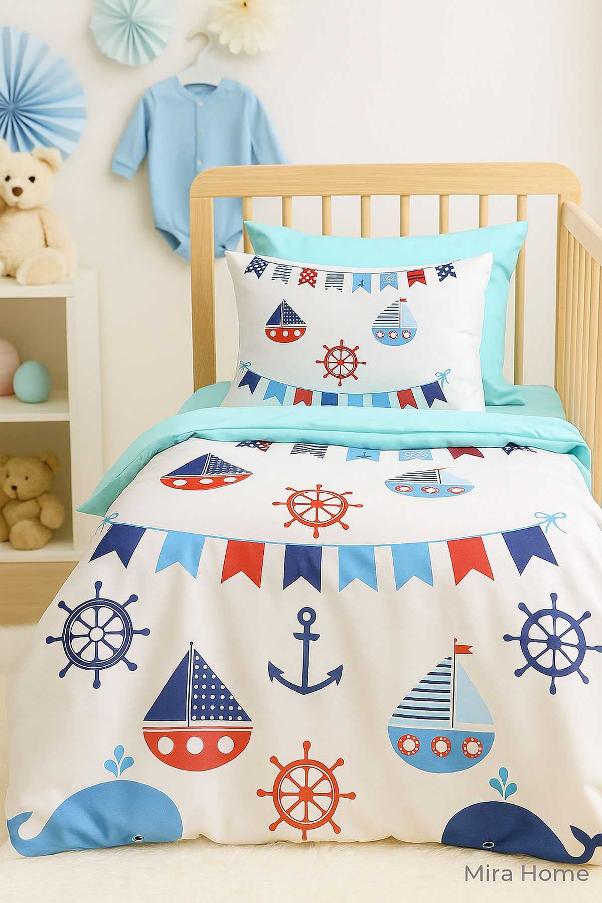 Dijital Baskılı 3d Pamuklu Yenidoğan Bebek Nevresim Takımı Çapa Marine resmi