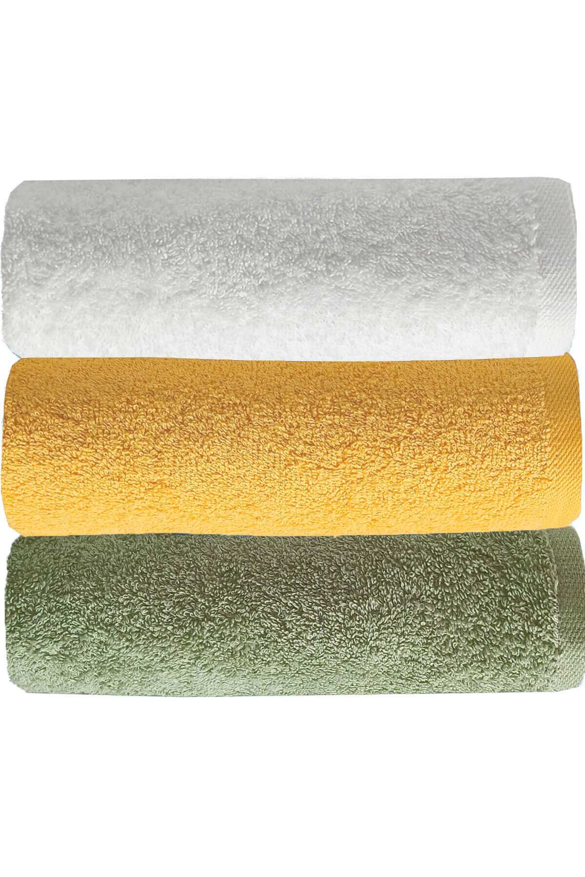 3 lü Düz Renk El Yüz Havlu Seti %100 Pamuklu 50x90 Cm Yeşil Sarı Beyaz resmi