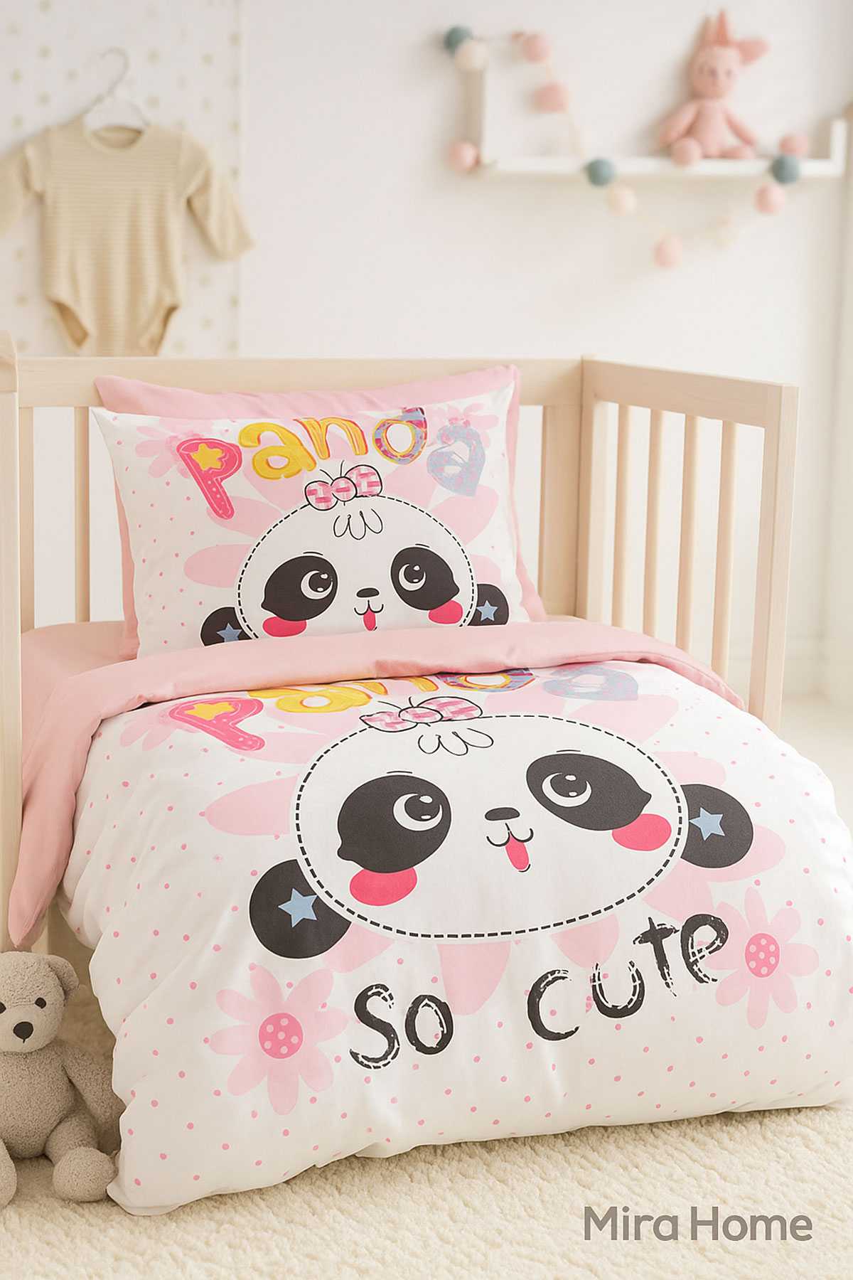 Yenidoğan Kız Bebek Nevresim Takımı %100 Pamuklu Panda So Cute resmi