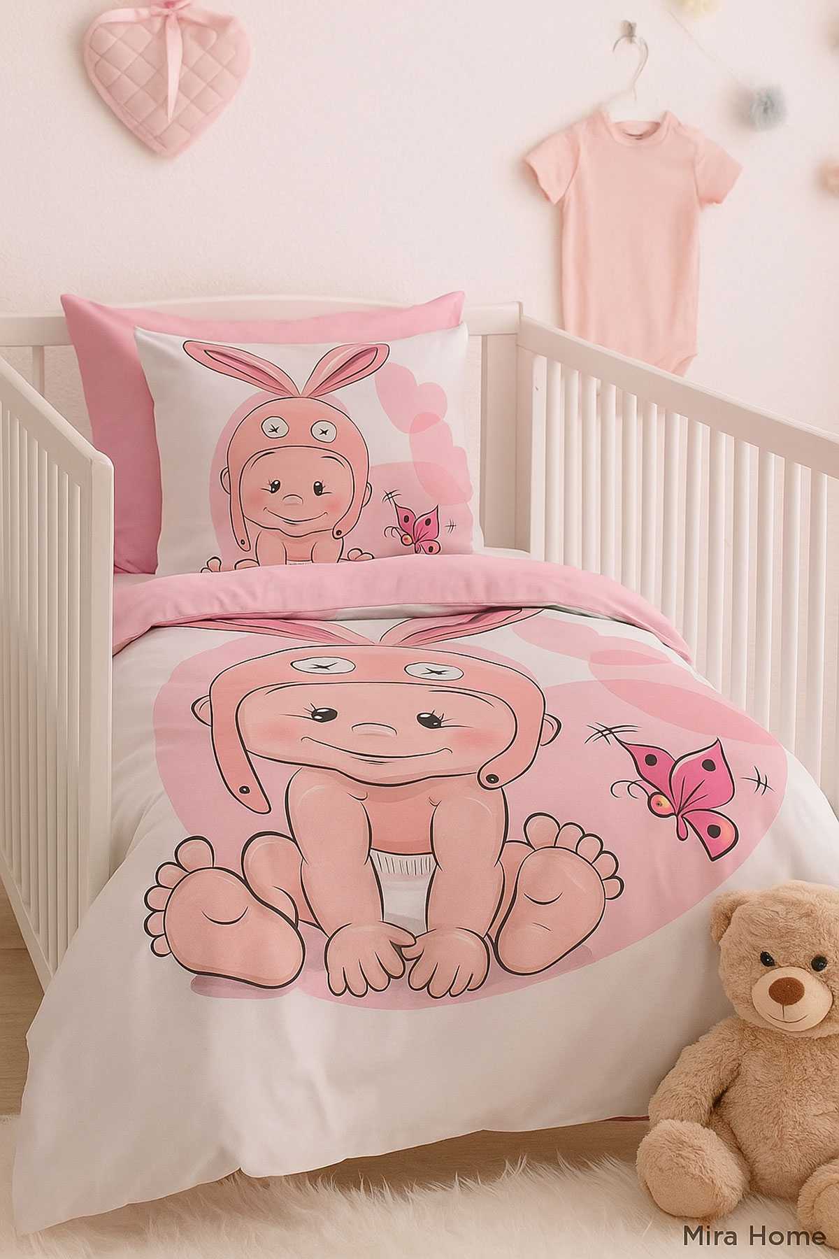 Yenidoğan Kız Bebek Nevresim Takımı %100 Pamuklu Tavşan Kulak resmi