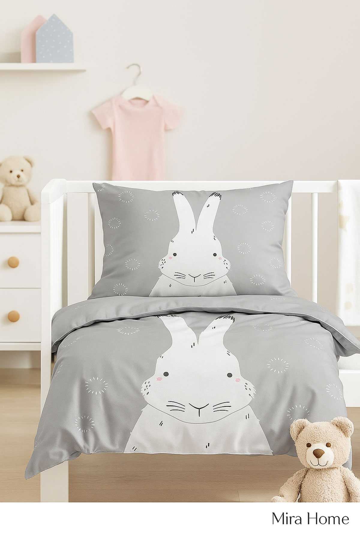 Yenidoğan Kız / Erkek Unisex Bebek Nevresim Takımı %100 Pamuklu Gri Tavşan resmi