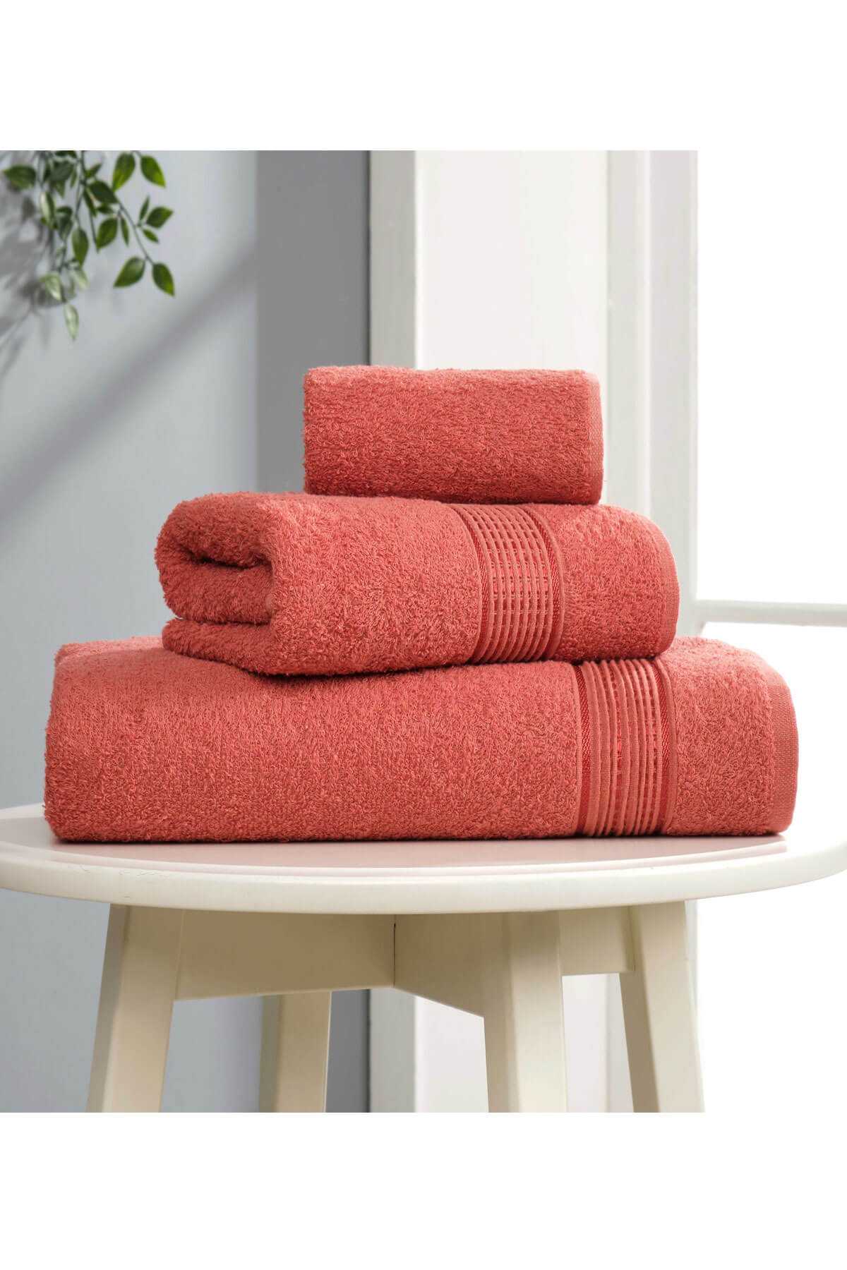 3 lü Banyo Havlusu Seti Pamuklu Ritim Kiremit resmi