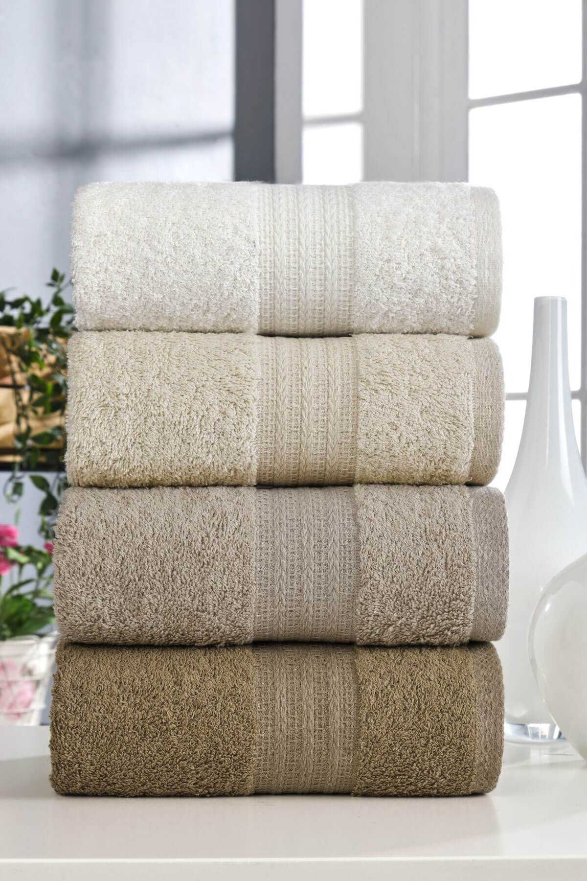 4 Lü El Yüz Havlu Seti %100 Pamuklu Gökkuşağı 50x85 Cm Kahve resmi