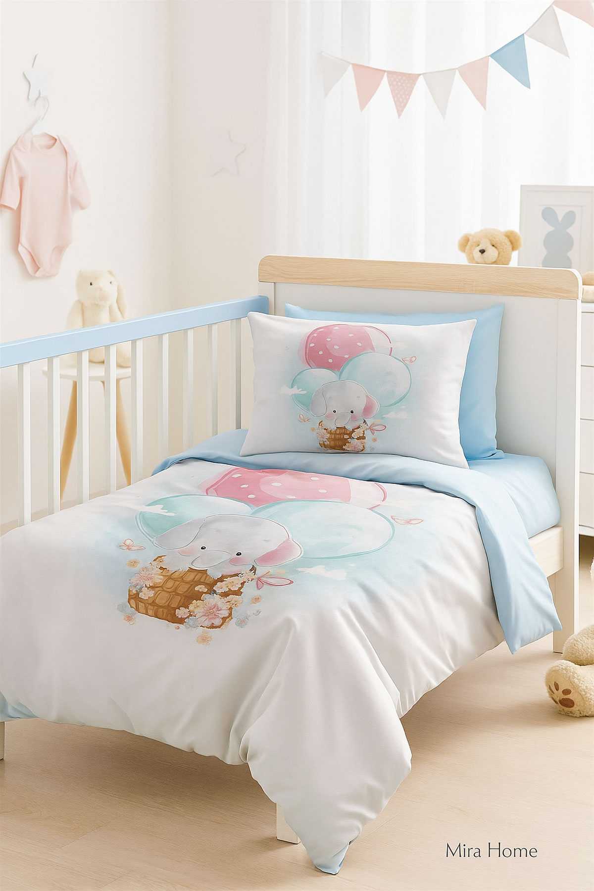 Dijital Baskılı 3d Pamuklu Yenidoğan Bebek Nevresim Takımı Elephant Baloon Blue resmi