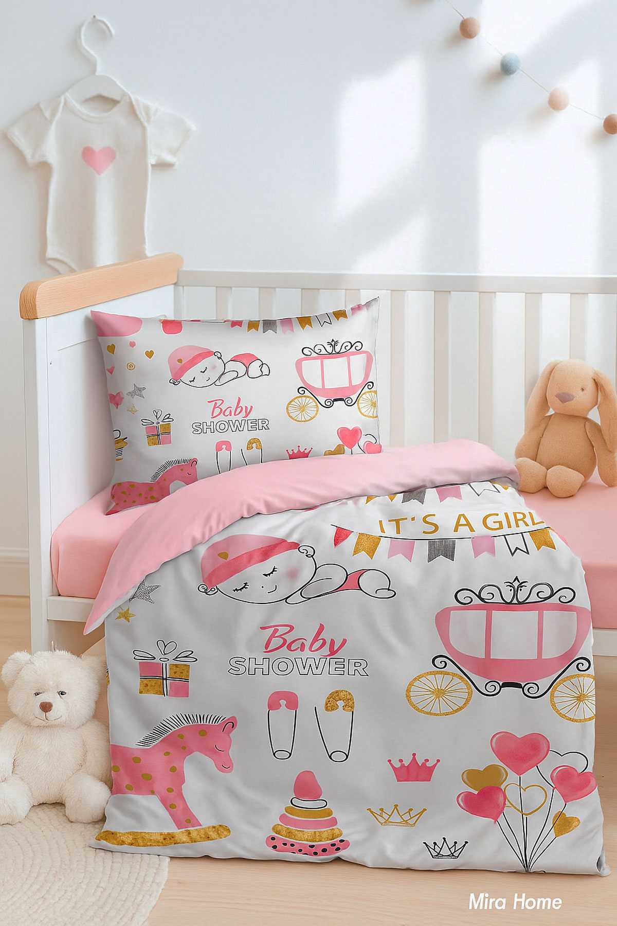 Dijital Baskılı 3d Pamuklu Yenidoğan Bebek Nevresim Takımı Happy Baby Shower resmi