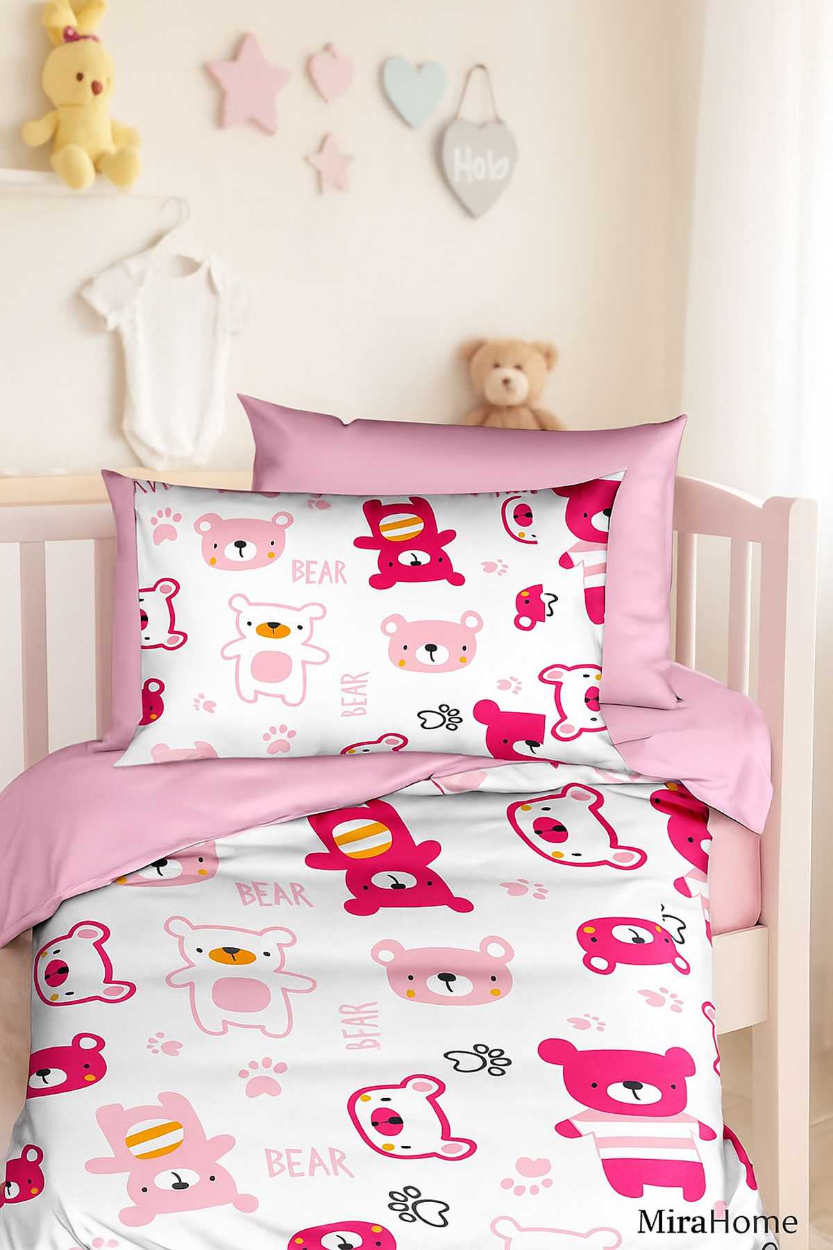 Dijital Baskılı 3d Pamuklu Yenidoğan Bebek Nevresim Takımı Bear Toy Pink resmi