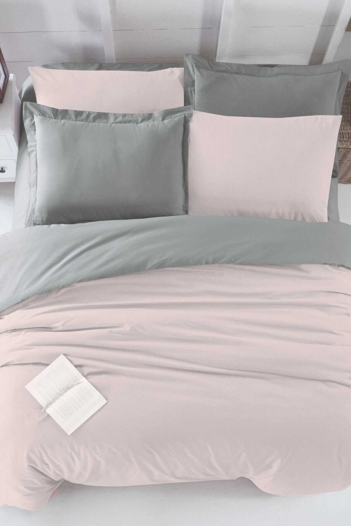 Çift Kişilik Lastikli Çarşaflı Nevresim Takımı Pamuklu Four Season Pudra Gri resmi