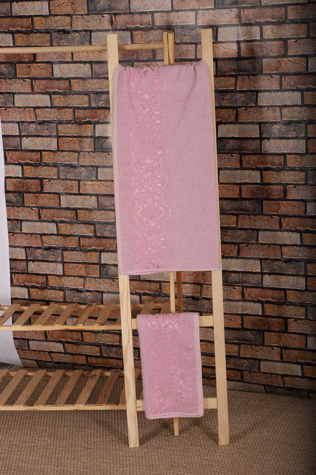 2 Parça %100 Pamuklu Banyo Havlu Seti Sultan Pembe resmi