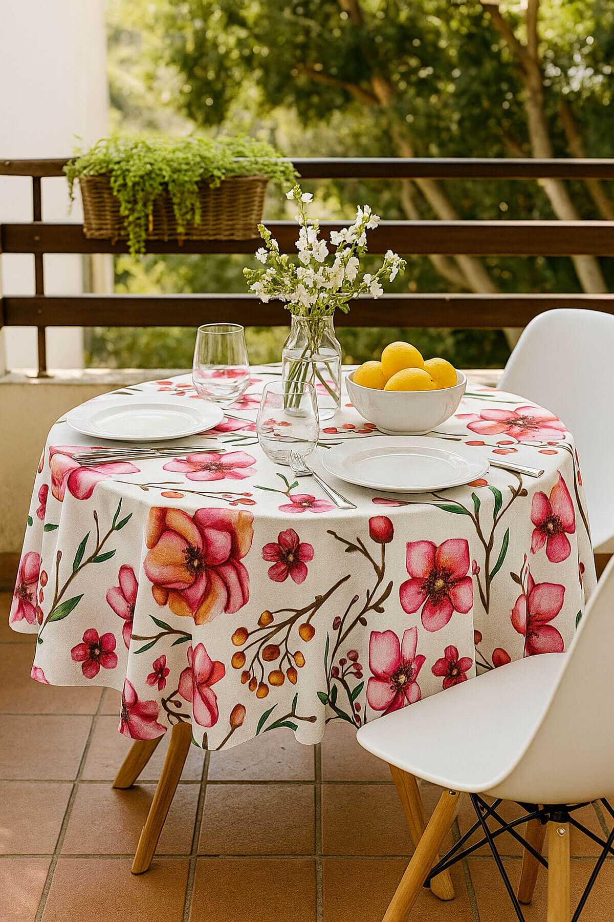 Yuvarlak Çiçek Desenli Duck Kumaş Masa Örtüsü 150x150 Cm resmi